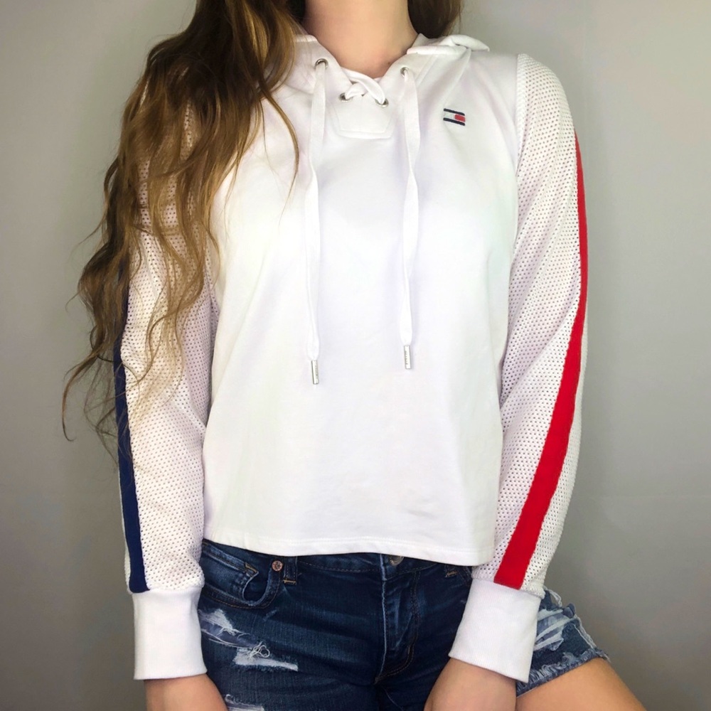 Tommy Hilfiger Sport Long Sleeve Small Mesh White Cropped Running Athletic Knit